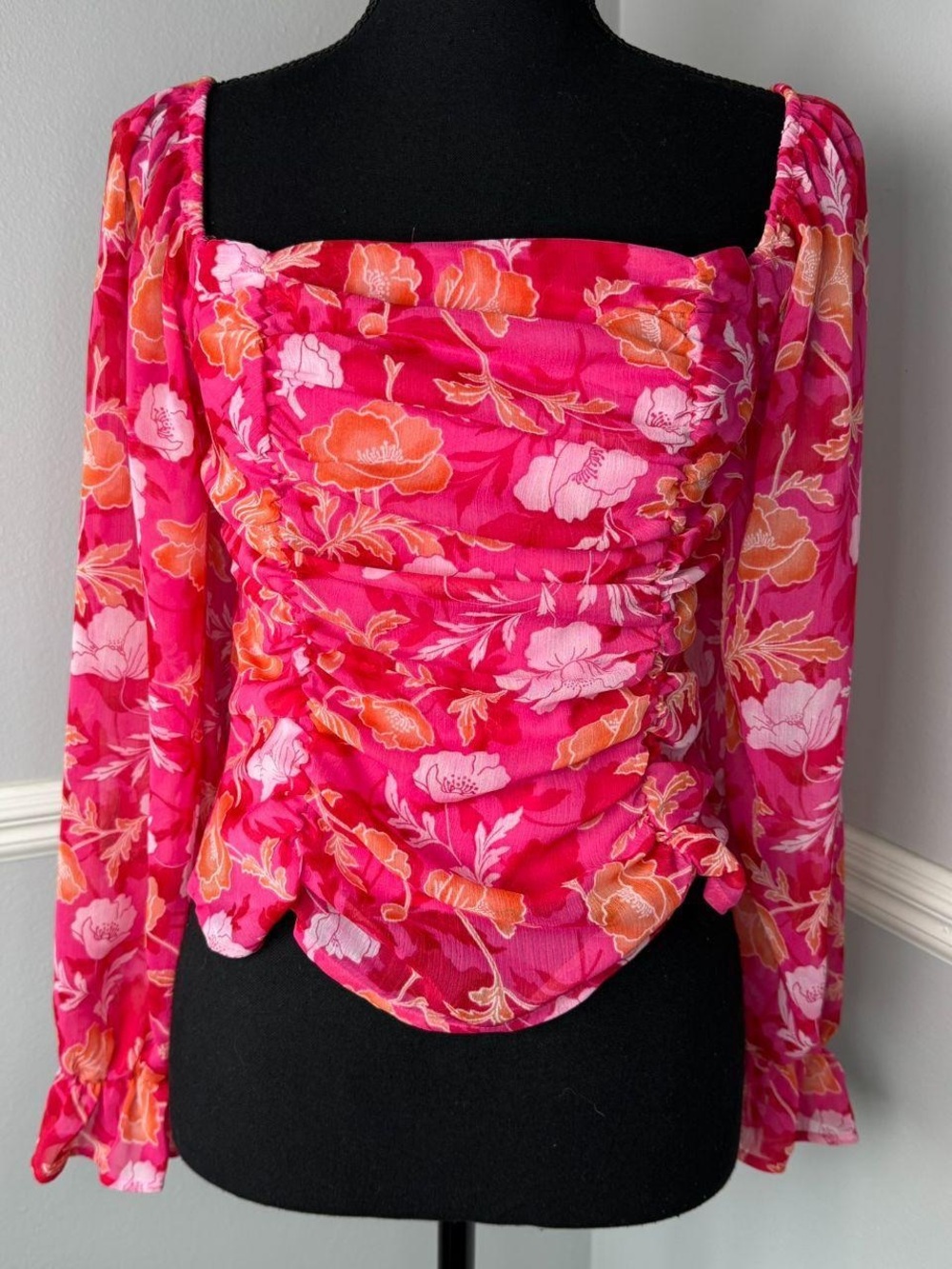 Pleione Hot Pink Floral Ruched Square-Neck Blouse